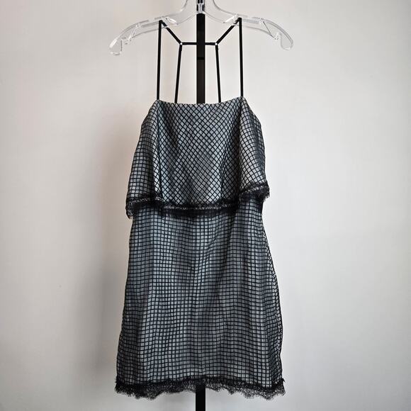 NBD Revolve Mini Dress Gray Windowpane Tiered Lace Strappy Whimsygoth Medium - Picture 2 of 8